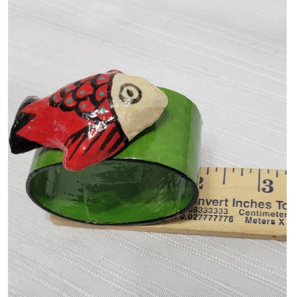 Vintage Folk Art Hand Painted Papier Mache Fish Napkin Rings Colorful